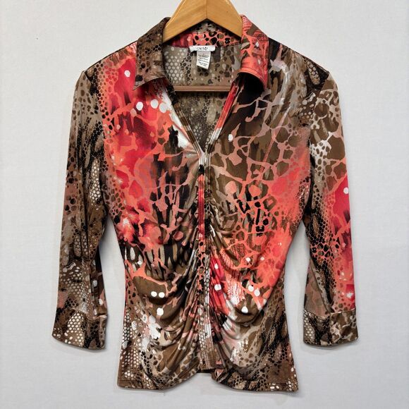 Vintage Cache Women Blouse Top Shirt Size Medium Y2K Ruched Animal Print C065 12 - Picture 1 of 16
